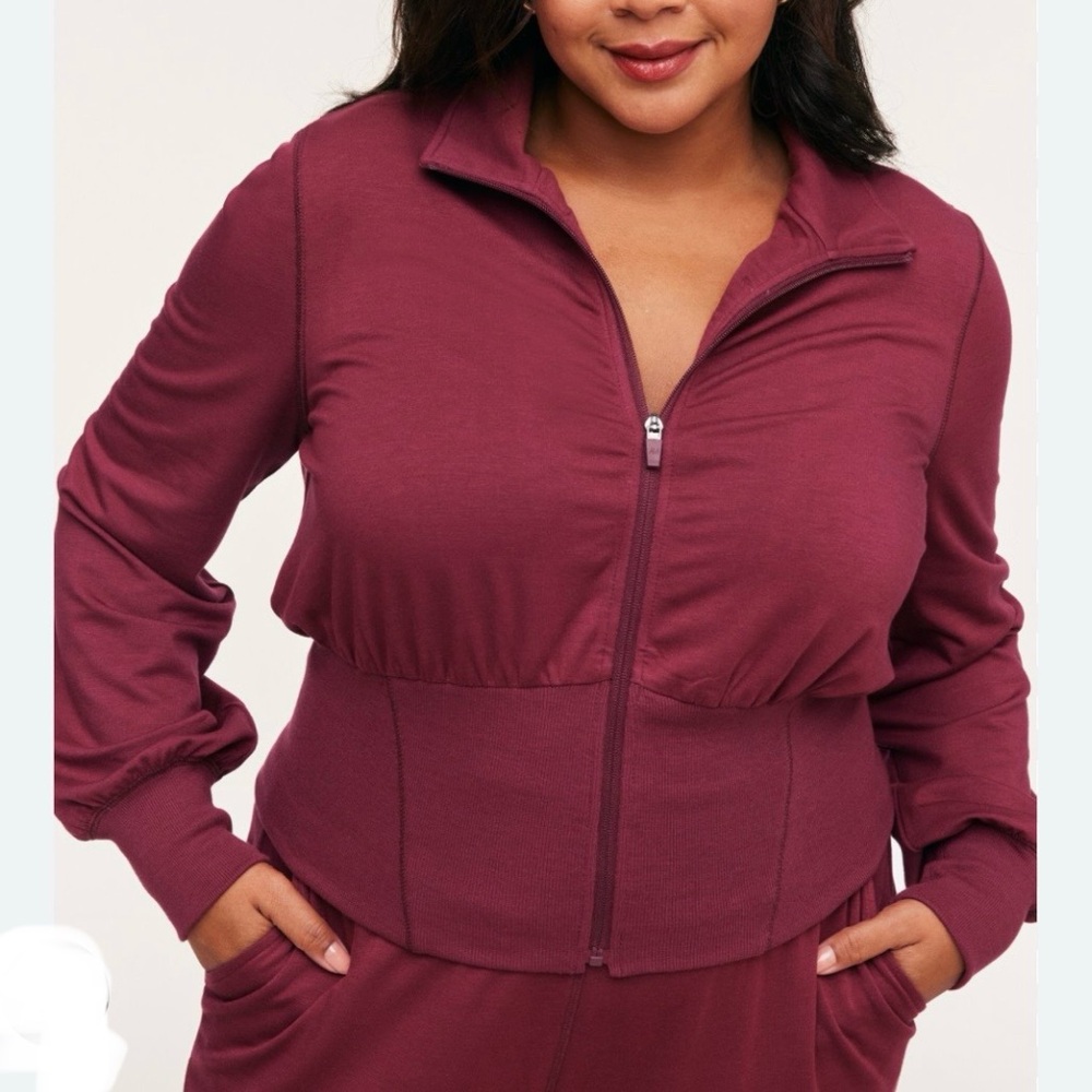 AdoreMe Burgundy Zip-up Top and Pant Set
